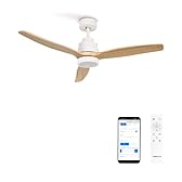 CREATE / WINDSTYLANCE NATURAL WOOD/Ventilateur de plafond avec lumière, Wifi et télécommande, blanc pales en bois naturel / 40W, Silencieux, Ø132 cm, 6 vitesses, minuterie, été-hiver, double hauteur