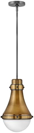 Hinkley Oliver 39057HB Small Pendant Ceiling Light, Smooth Tapered Silhouette with a Rounded Etched Opal Glass Shade, in Heritage Brass and Black Oxide Accents