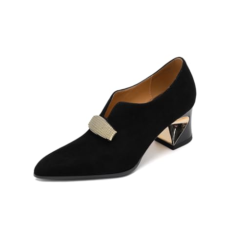 TinaCus Suede Leather Handmade Low Heels Women's Pointed Toe V-shped Pumps Shoes with Rhinestones