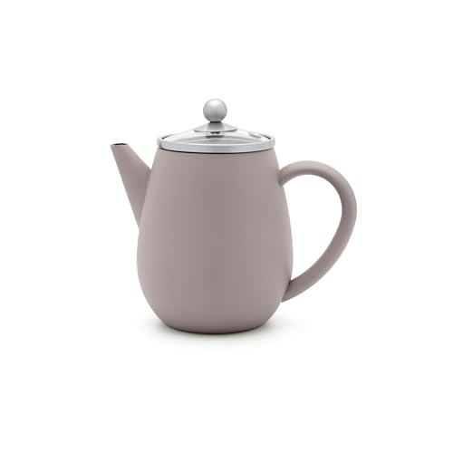 Doppelwandige Teekanne 0.5 Liter - kleine isolierende Edelstahlkanne grau mit Glasdeckel & Tee-Filter Sieb-Einsatz - ideal für lose Teesorten