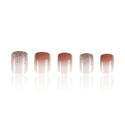Image of Kriga 24 Reusable Artificial Fake Nail Set| Light Dark Peach Color With Glitter Design Glossy Nails| Lightweight & Long Lasting| Quick Fix For Festivals & Special Occasions
