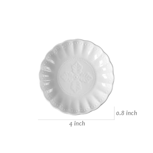 Sizikato 6Pcs White Porcelain Flower Shaped Appetizer Plate, 4-Inch Embossed Ceramic Snack Plate Sauce Plate #TOP5