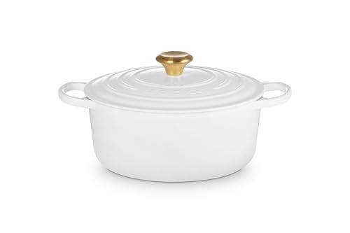 Le Creuset Signature - Cacerola redonda de hierro fundido esmaltado, 26 pomos, color blanco