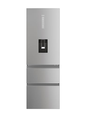 Haier 3D 60 Series 5 Freestanding Fridge Freezer with Water Dispenser, 3 Doors, Total No Frost, E Class, 357L Total Capacity, hOn App, AI & Wi-Fi Connected, Silver, 60x67x185 cm - HTW5618EWMG