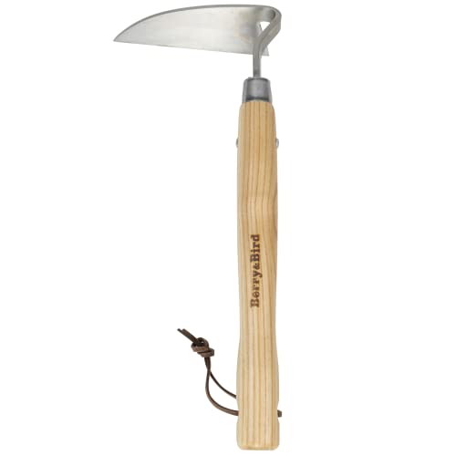 Berry&Bird Japanese Weeder-Scraper-Hoe, 12.67-Inch Gardening Sickle Hoe, Stainless Steel Bent Angle Weeding Sickle, Weeder Hoe with Ergonomic Ash Wood Handle for Weeding, Soil loosening, Digging