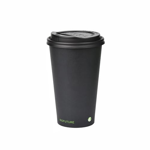 BIOFUTURE Lot de 50 tasses à café biodégradables – Gobelets en carton jetables avec couvercles – Matériau PLA de qualité supérieure, design respectueux de l'environnement
