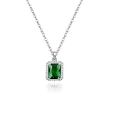 Elaximn Square Emerald Crystal Pendant Necklace, Silver Plated, Green CZ Stone with Cubic Zirconia Halo, Women's Fashion Jewelry