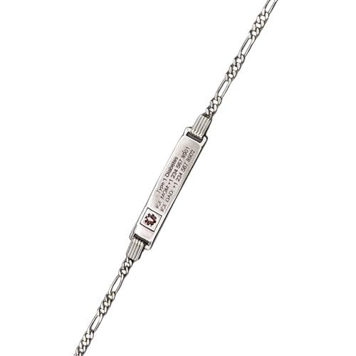 Customizable Ladies 925 Silver Sterling 3mm Figaro Medical ID Alert Bracelet with Free Engraving 1.57 x 0.39 inch Nameplate2