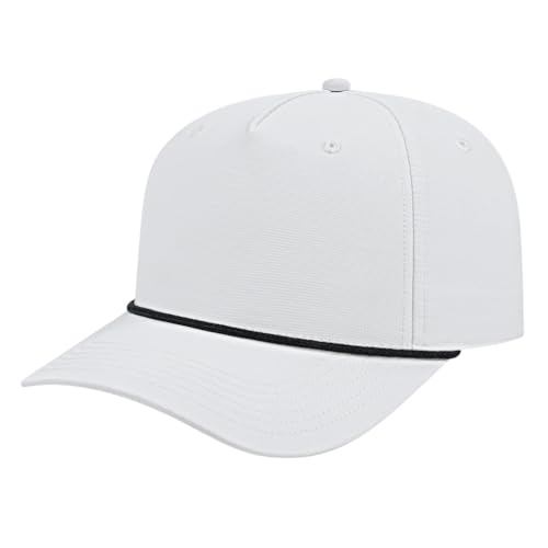 Cap America i7256 Structured 5-Panel UV Guard Icon Performance Rope Cap w/Adjustable Snapback Closure | Bulk Pack Available(White with Black Rope)