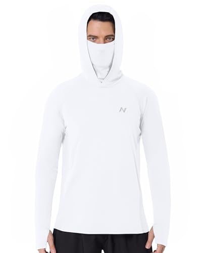 isnowood Mens UPF 50+ Fishing Sun Hoodie UV Protection Long Sleeve Hooded Shirt with Mask for Hiking outdoor White