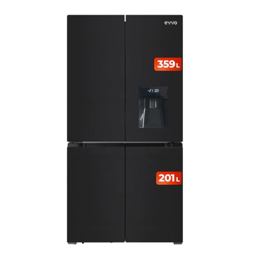 EVVO Frigorífico Americano 4 Puertas, Total No Frost, Compresor Inverter, Capacidad frigorífico 359L y 201L Nevera, Dispensador de Agua, Display Integrado, Modelo: F100 Glass Aqua (Acabado Negro)