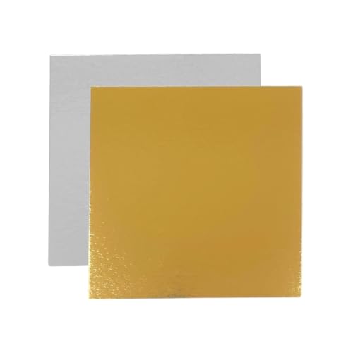 Base de Tarta Cuadrada 20x20 cm | Pack de 10 Oro - Plata | Grosor 1 mm | Expositor en Cartón para Bizcochos, Pasteles y Dulces | Plateado y Dorado