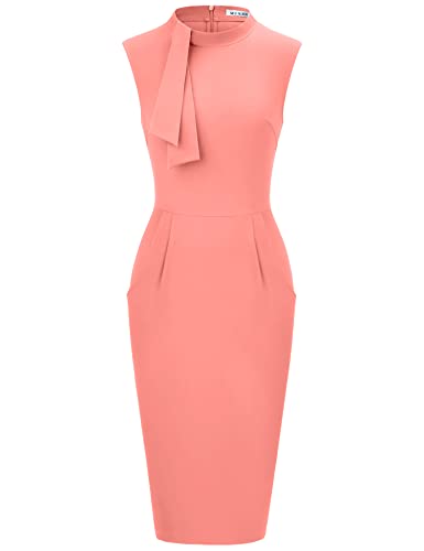 Muxxn Pinup Bodycon Dresses For Women Vintage Knee Length Office Wear To Work Dress With Pockets (Peach L) #TOP7