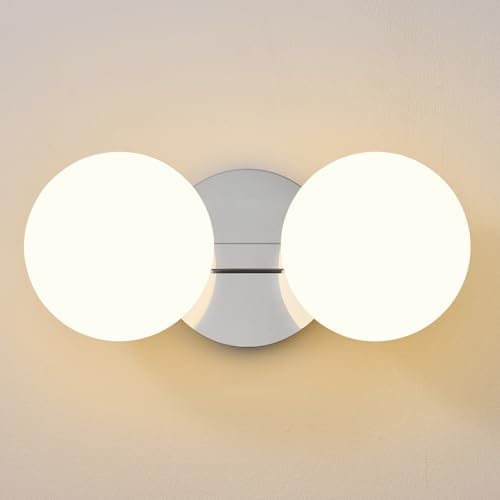 Image of Chrome Globe Wall Sconce,Vanities Lights with 2 Milk Glass Shades | 6 inch Modern Spherical Vanity Sconces,Contemporary Small Brass Ball Lights Fixture for Entryway Bedside Bathroom,E26 Base