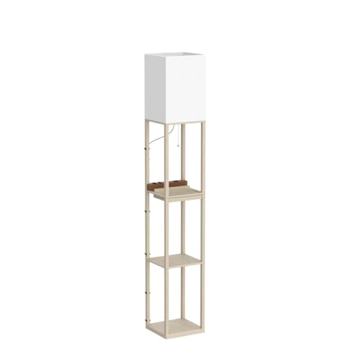 Image of SUNMORY Floor Lamp with Shelves,Modern Dimmable Wood Standing Lamp with 1 Drawer and 2 USB Ports & 2 Power Outlet,Corner Tall Bookshelf Lamp for Living Room and Bedroom(Wood Color)