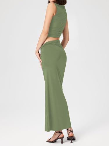 Women's Casual Ribbed Knit Two-Piece Set Crew Neck Short Sleeve Top Draped Ruched Midi Skirt Green XL4