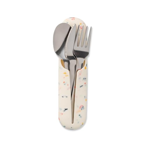 W&P Porter Stainless Steel Utensils with Silicone Carrying Case | Terrazzo Cream | Spoon, Fork & Knife for Meals on the Go | Portable and Compact Set, One Size (WP-PUT-TZCM)