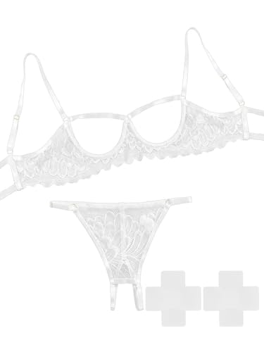 Image of Lilosy Women's Sexy Underwire Floral Lace Sheer Lingerie Set See Through Bra and Panty 4 Pieces Pasties White Small