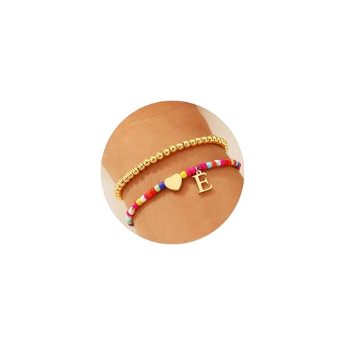 Ritach Colorful Initial Bracelets for Girls Women - Real Gold Plated Stretchable Beaded Bracelets Cute Heart Initial Bracelets for Girls Stackable Bracelets for Women Teen Girl Gifts