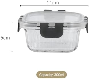 Nestasia Glass Transparent Lunch Box for Women & Men Set of 2 (300ml), Borosilicate Tiffiin Containers, Microwave and Dishwasher Safe, Airtight and Leak-Proof with Safety Lock