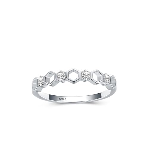 Bague en argent femme 925 avec zircone blanc rond et motif hexagone creux