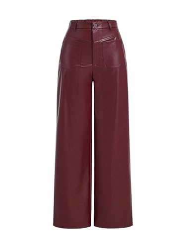 MakeMeChic Women's Wide Leg Pants PU Leather High Waist Elastic Straight Party Trousers with Pockets