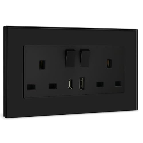 BSEED Double Switched Sockets with USB C and USB A Charging Ports UK Standard Electric Power Sockets with Glass Panel 2 Gang 13A Wall Socket Black