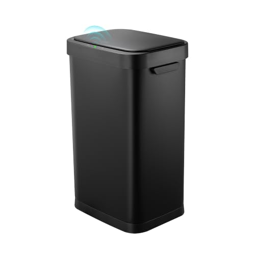 Image of 13 Gallon Trash Can, Touchless Stainless Steel Kitchen Bin (Black) | Automatic Motion Sensor Lid | 50L Fits 13 Gal Tall Kitchen Bags | Anti-Fingerprint Brushed Finish | For Home Office