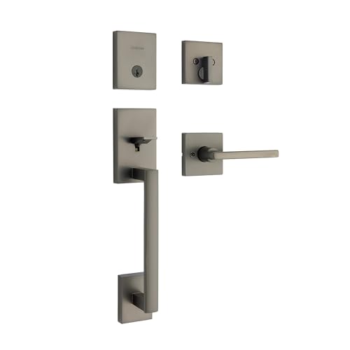 Kwikset San Clemente Front Door Lock Handle and Deadbolt Set, Entry Handleset Exterior with Interior Reversible Lever, Gunmetal, Pick Resistant SmartKey Rekey Deadbolt Security