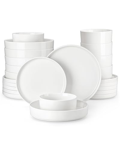 MALACASA Geschirrset 6 Personen - 24-tlg. Tafelservice mit Stehrand aus Porzellan inkl. 6x Speiseteller, Dessertteller, Pastateller, Müslischalen, LEAH Modern in Weiß Schüssel- und Teller Set