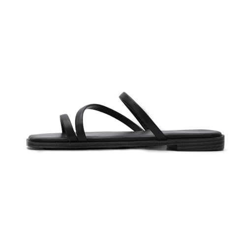 Image of LACUONE Strappy Flat Sandals For Women Slip On Square Open Toe Slides Sandals