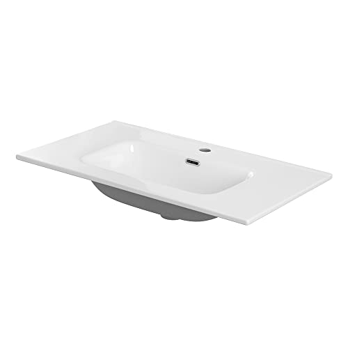 Lavabo consolle da Incasso per Mobile, 90x46 cm Rettangolare in Ceramica Bianco Lucido, con Foro Troppo Pieno, Disponibili Diverse Misure