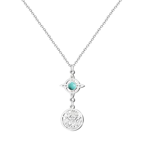 cotigo Collar Nudo de Bruja y Tetragramaton de Protección con Piedra Turquesa – Amuleto Espiritual de Acero Inoxidable para Mujer – Collar de Protección Energética y Buena Suerte (Turquesa)