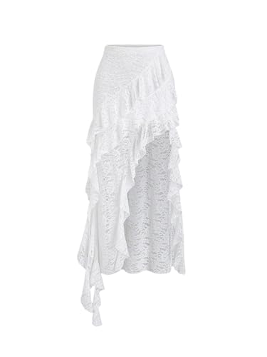 Verdusa Women's Y2K Floral Lace Sheer Skirt Layered Ruffle Asymmetrical Long Skirts