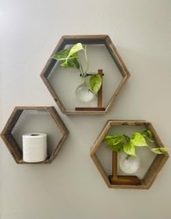 Miniatura 2 de Rockin' Wood Juego de 3 estantes hexagonales de madera reciclada rústica  Decoración de estantes estilo granja  Estante bohemio para montaje en