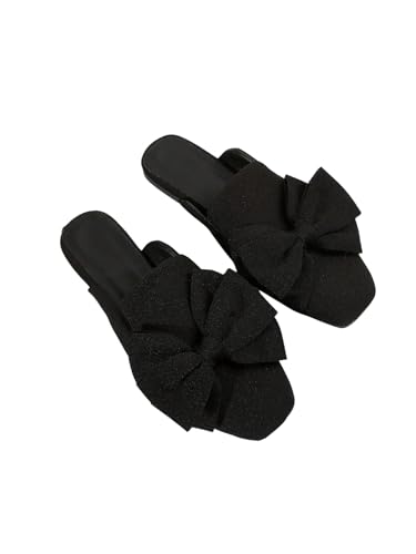 OYOANGLE Women's Square Closed Toe Mules Bow Slip on Backless Flats Work Business Casual Shoes