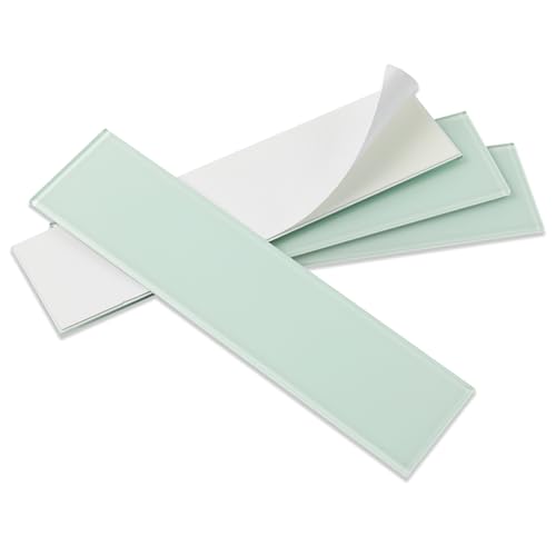 Lovdeco Peel and Stick Glass Subway Tile, 3 x 12 Inch, 5 Sq Ft, Light Green Glass for Bathroom Kitchen Backsplash Wall, 20-Pack