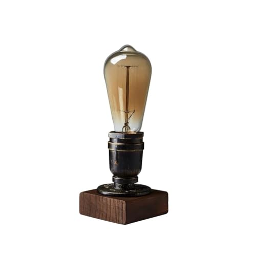 JINYU Lámpara de mesa de madera vintage Weathered Weathered, base de madera, retro, industrial, Steampunk, Iron Pipe Desk Light para cama, dormitorio, salón, comedor, cafetería, bar, estudio, pasillo