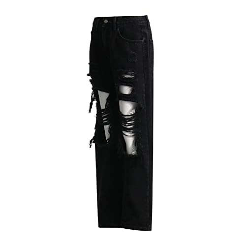 Ladies Ripped Cuffed Loose Jeans Boyfriend Fit Distressed Stretchy Denim Pants Stretch Baggy Jeans with Hole3