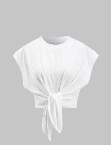 Crop Tops for Women Cap Sleeve Tie Front Solid Ruched T-Shirt Tops 2025 Summer Crew Neck Tee Shirts Blouse2