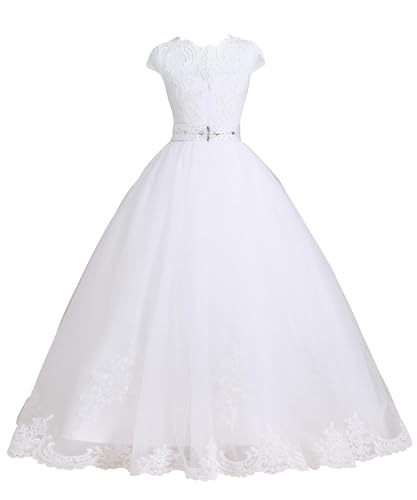 Tulle Lace Flower Girl Dress Pageant Maxi Dresses for Girls Ball Gown Floor-Length with Sash, Beading, Back Hole