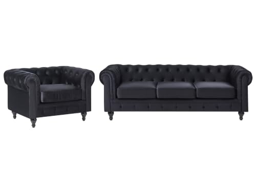 Image of Classic Chesterfield 3 Seater + Armchair Sofa Set Velvet Black Chesterfield