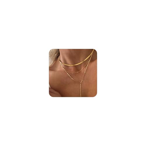 MUCCA 3pcs Kette Gold Damen Verstellbare Goldkette Damen Elegante Layering Halsketten für Frauen Dicker Schlange/Perlen/Y Gold Kette Wasserfest aus Vergoldetem Boho Schmuck