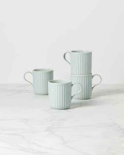 Image of Lenox French Perle Scallop Ice Blue Mug Set, 4-Piece, Stoneware, Microwave and Dishwasher Safe