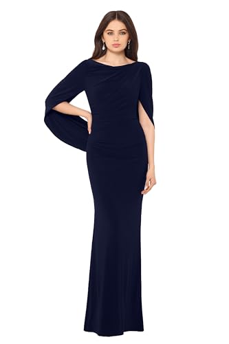 Betsy & Adam Women's Long Stretchy 3/4 Sleeve Cowl Neck Drape Back Gown