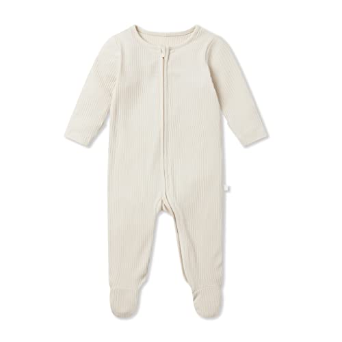 Image of MORI Baby Ribbed Clever Pajamas with Two-Way Zips & Scratch Mitts – Footed Nightwear – Viscose from Bamboo & Cotton