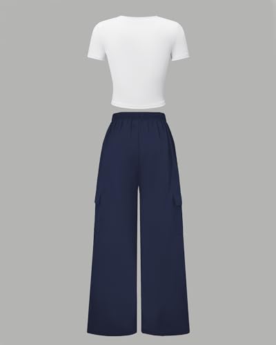 Image of Betusline Girls 2 Piece Outfits Short Sleeve Crop Top & Parachute Cargo Pants Set,4T-14 Years