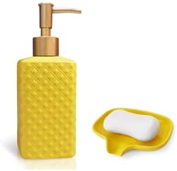 Dispensador de jabón dorado y jabonera de cerámica amarilla, juego de accesorios de baño de cerámica moderna, decoración del hogar para baño o cocina