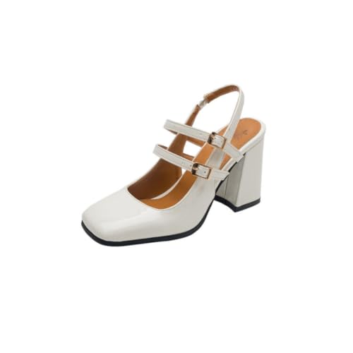 Chaussures Escarpins Femmes Bout Carré et Talon Bloc Moyen : Escarpins Vernis Deux Boucles