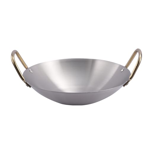 PTATT Golla de paella en español dorada, sartén de doble oreja de acero inoxidable, sartén de paella de mariscos de mariscos con martillo de fondo redondeado, utensilios d Silver-30cm